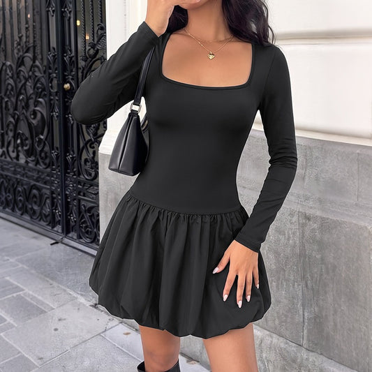 Solid Square Neck Bubble Hem Long Sleeve Mini Dress