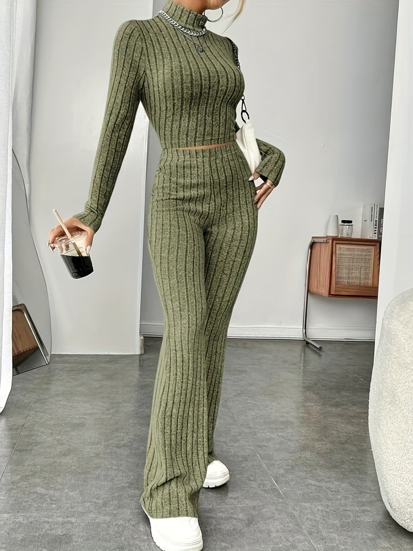 Women's Ribbed Knit Crop Top & Flare Pants Matching Set