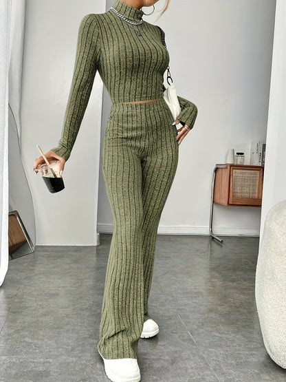 Women's Ribbed Knit Crop Top & Flare Pants Matching Set