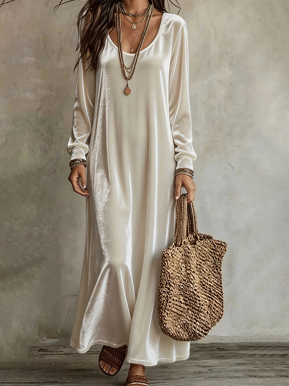 Velvet Maxi Dress Long Sleeve Vintage Boho Casual