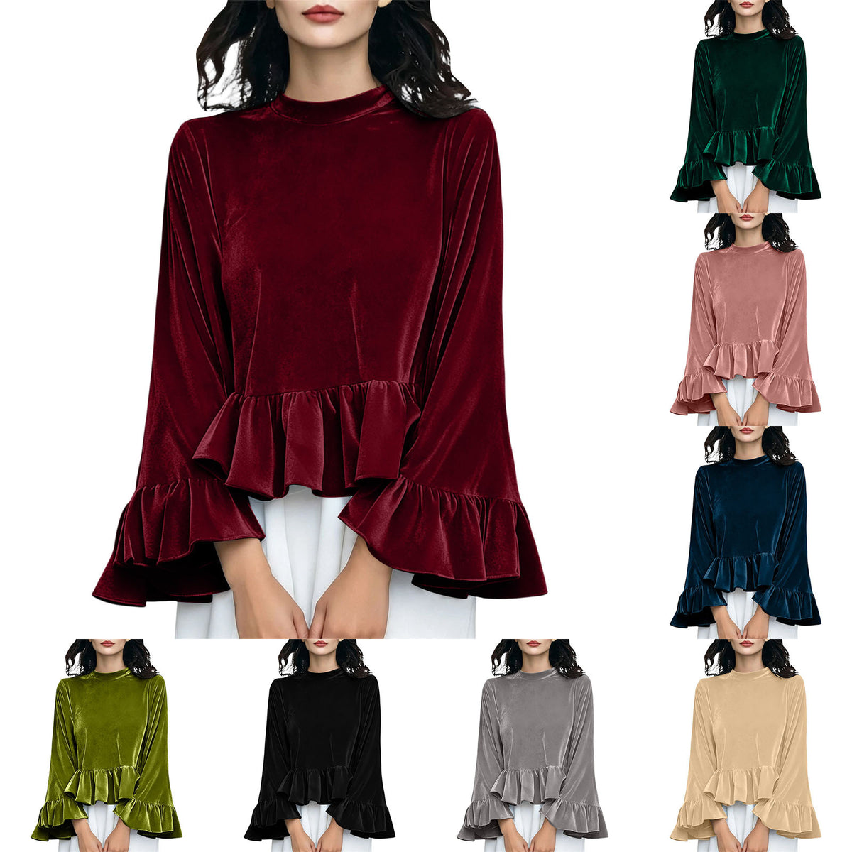 Women's Velvet Ruffle Bell Sleeve Peplum Top