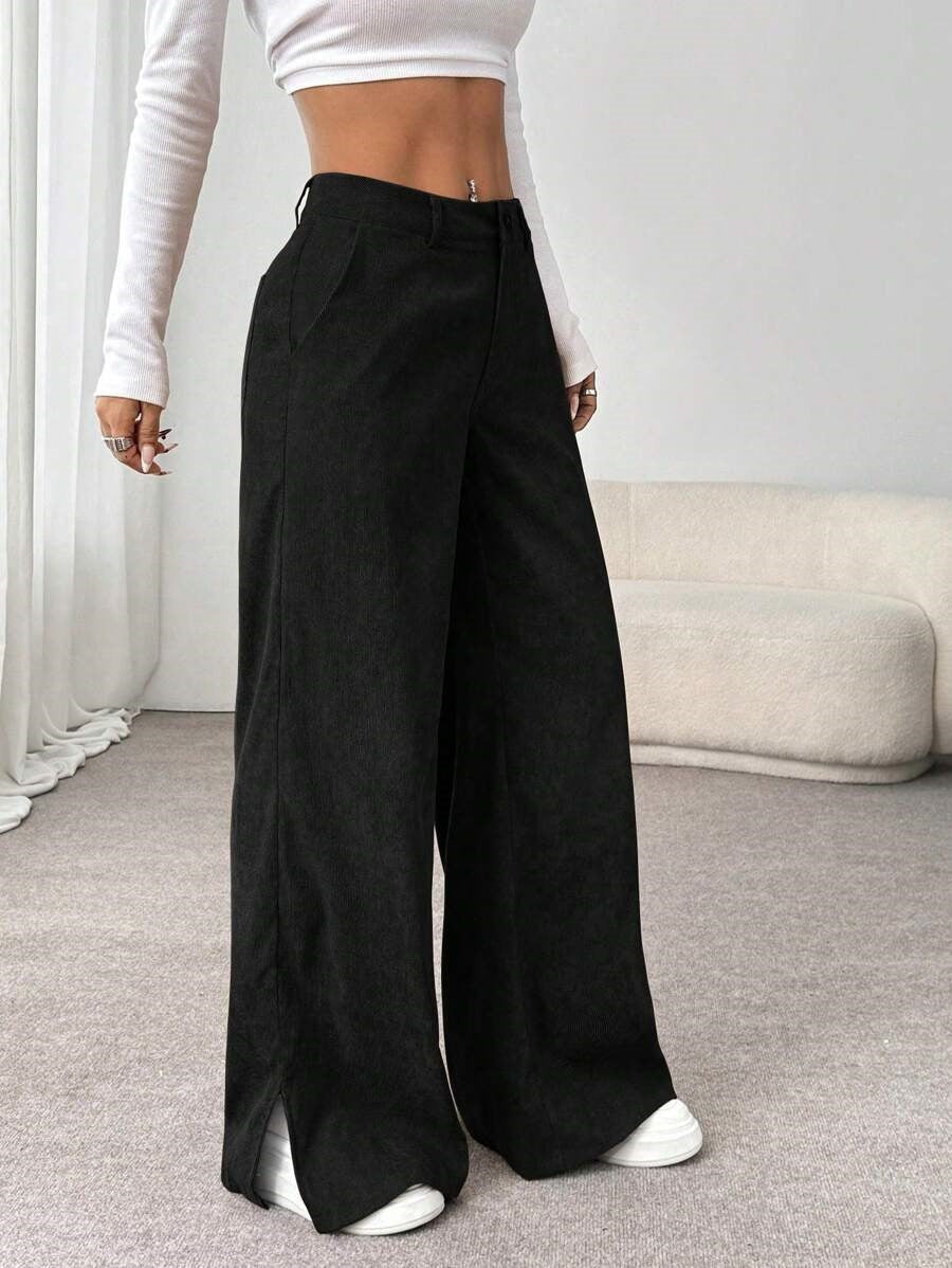 Women's Corduroy Wide Leg Pants Split Hem Pockets
