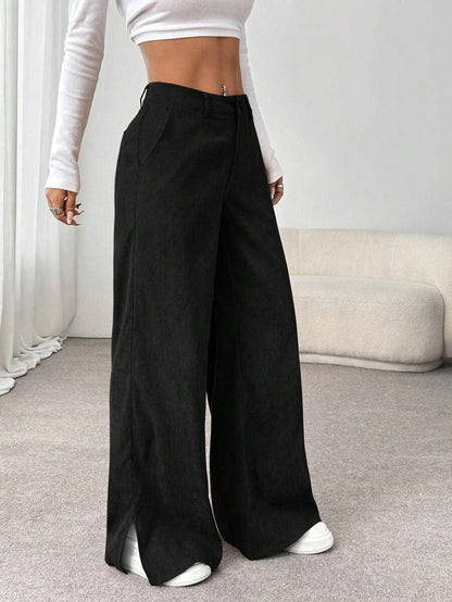 Women's Corduroy Wide Leg Pants Split Hem Pockets