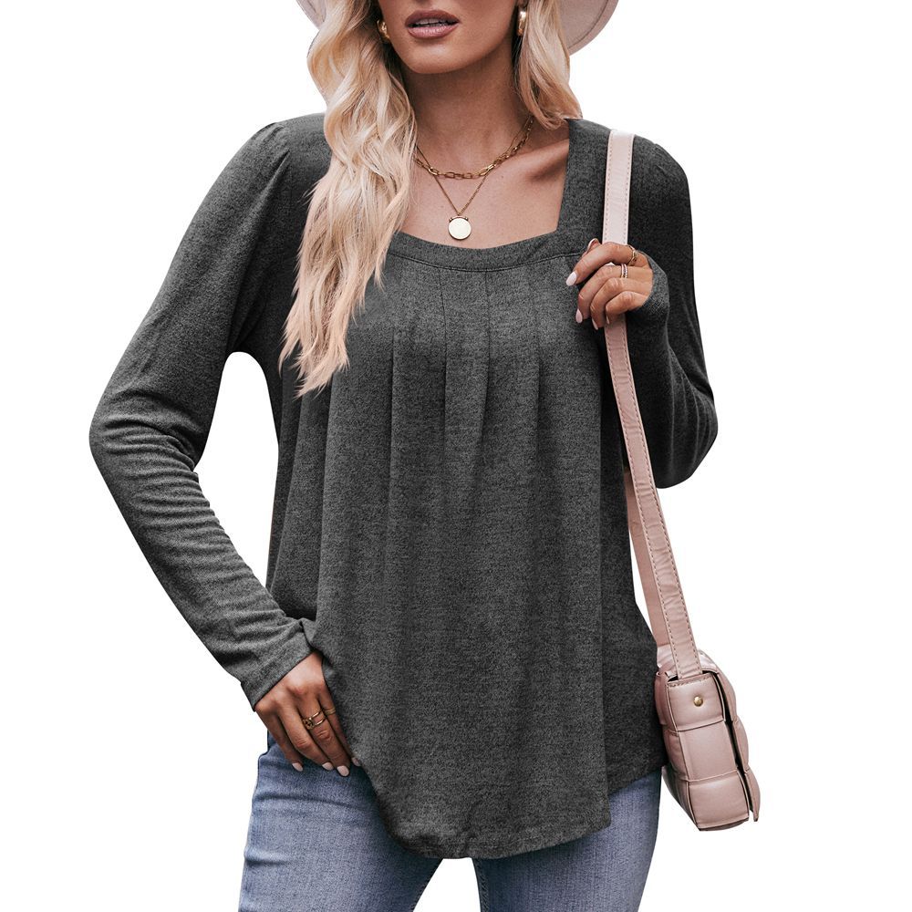 Square Neck Pleated Long Sleeve Top for Women