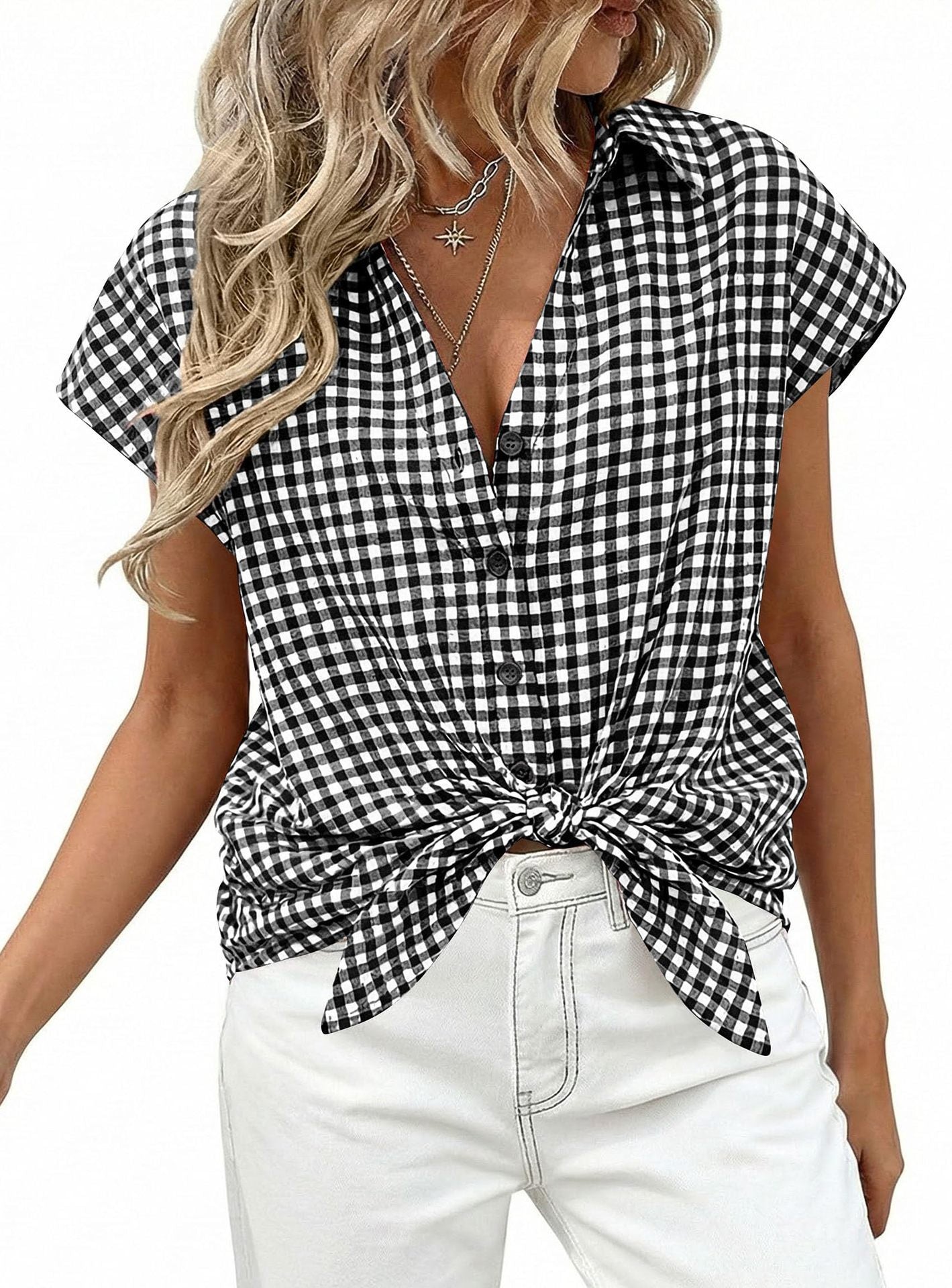 Gingham Button Down Short Sleeve Loose Fit Blouse