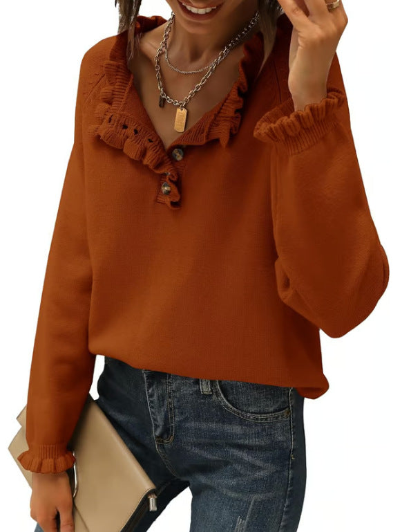 Women's Ruffle Button Knit Sweater Long Sleeve Tunic