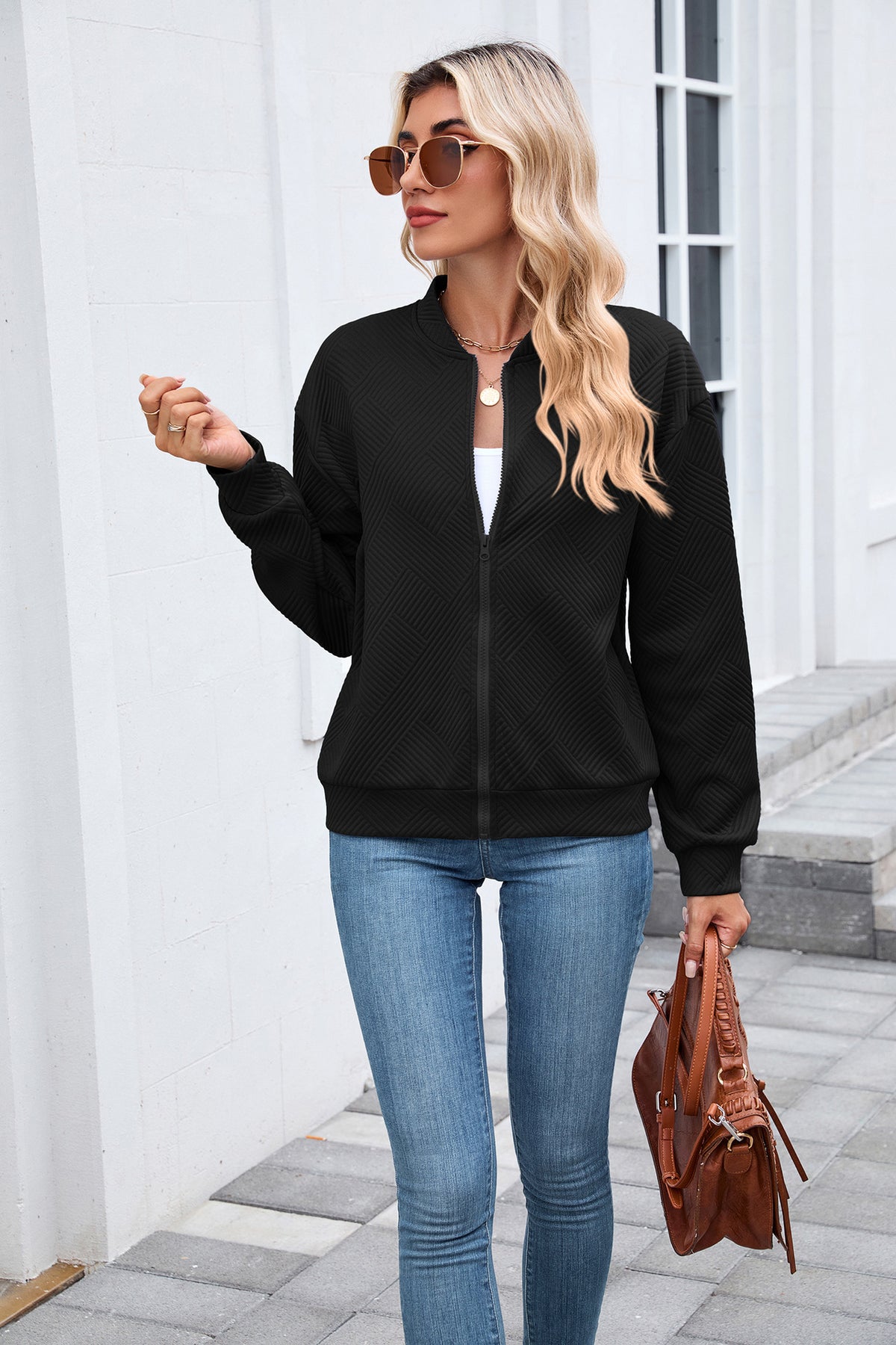 Women's Quilted Zip-Up Bomber Jacket Lightweight Casual