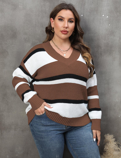 Women's Sweater V-neck Contrasting Color Splicing Loose Pullover Sweater