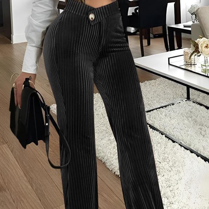 Women High Waist Ribbed Velvet Wide Leg Pants