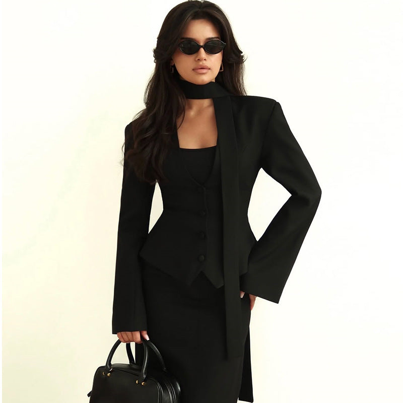 Women's Scarf Neck V-Neck Slim Fit Blazer Long Sleeve