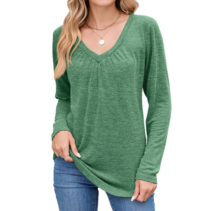 Women's Ruched V Neck Long Sleeve Loose Tunic Top