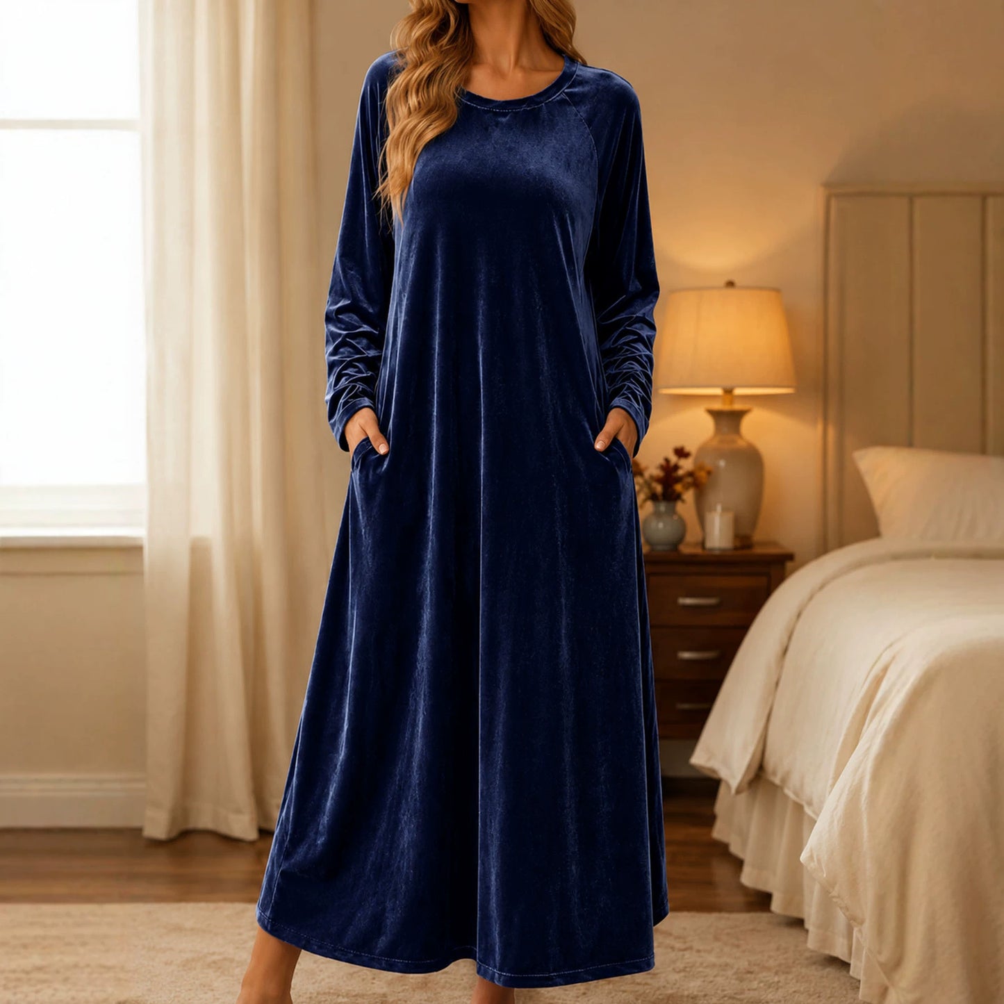 Women's Long Sleeve Velvet Maxi Dress A-Line with Pockets