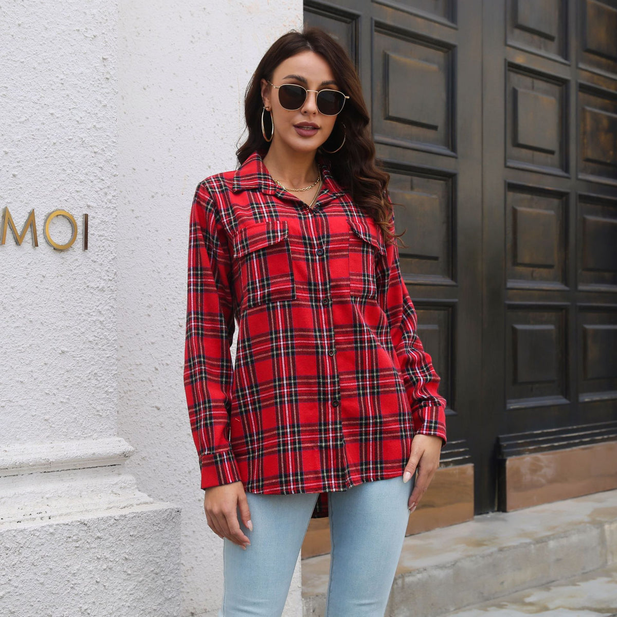 Women's Oversized Plaid Shacket Button Down with Pockets