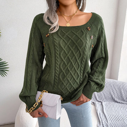 2025 Fall Winter Casual Square Neck Button Detail Cable Knit Sweater