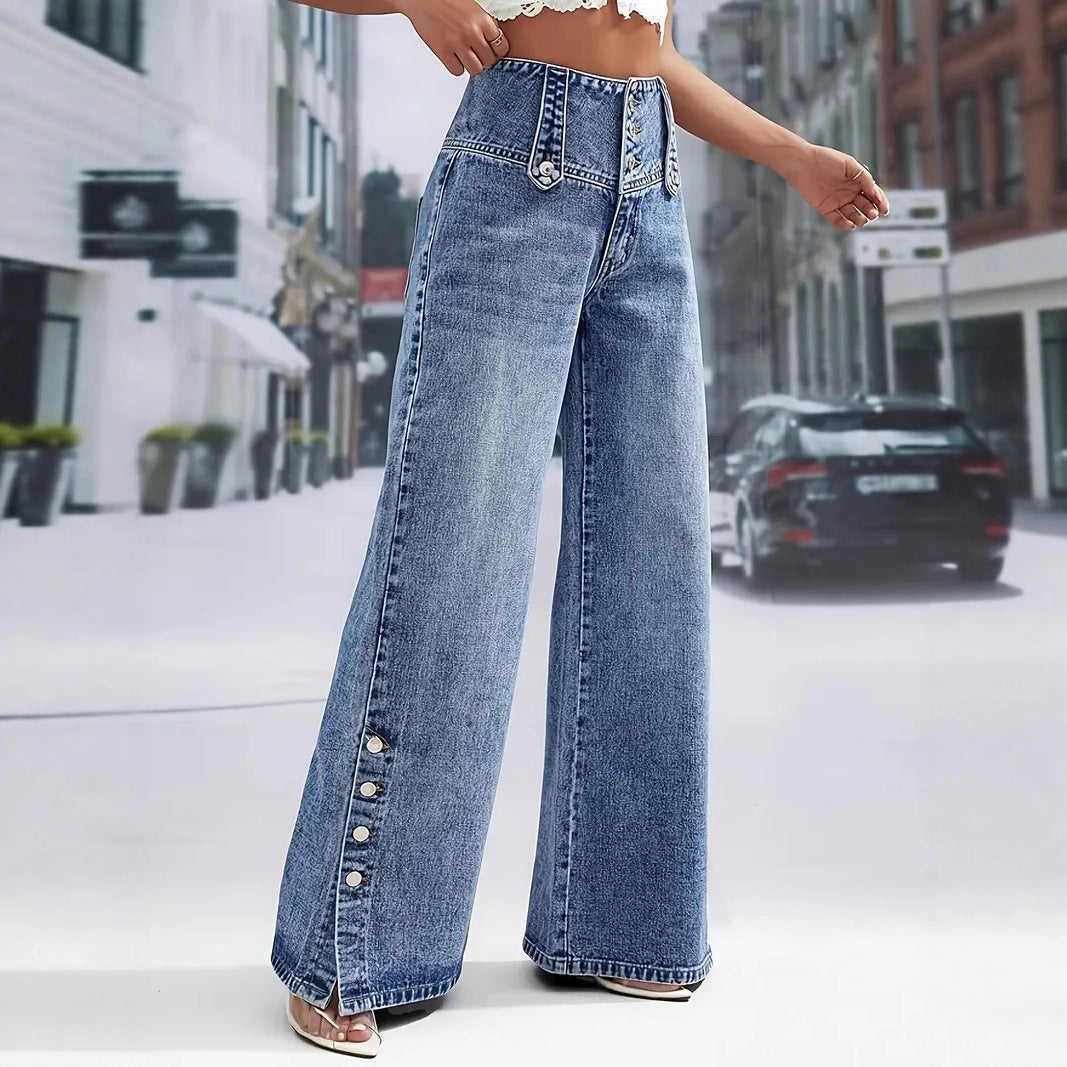 Vintage High Waist Button Wide Leg Split Hem Jeans