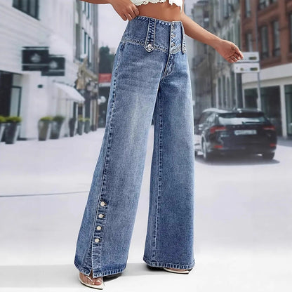 Vintage High Waist Button Wide Leg Split Hem Jeans