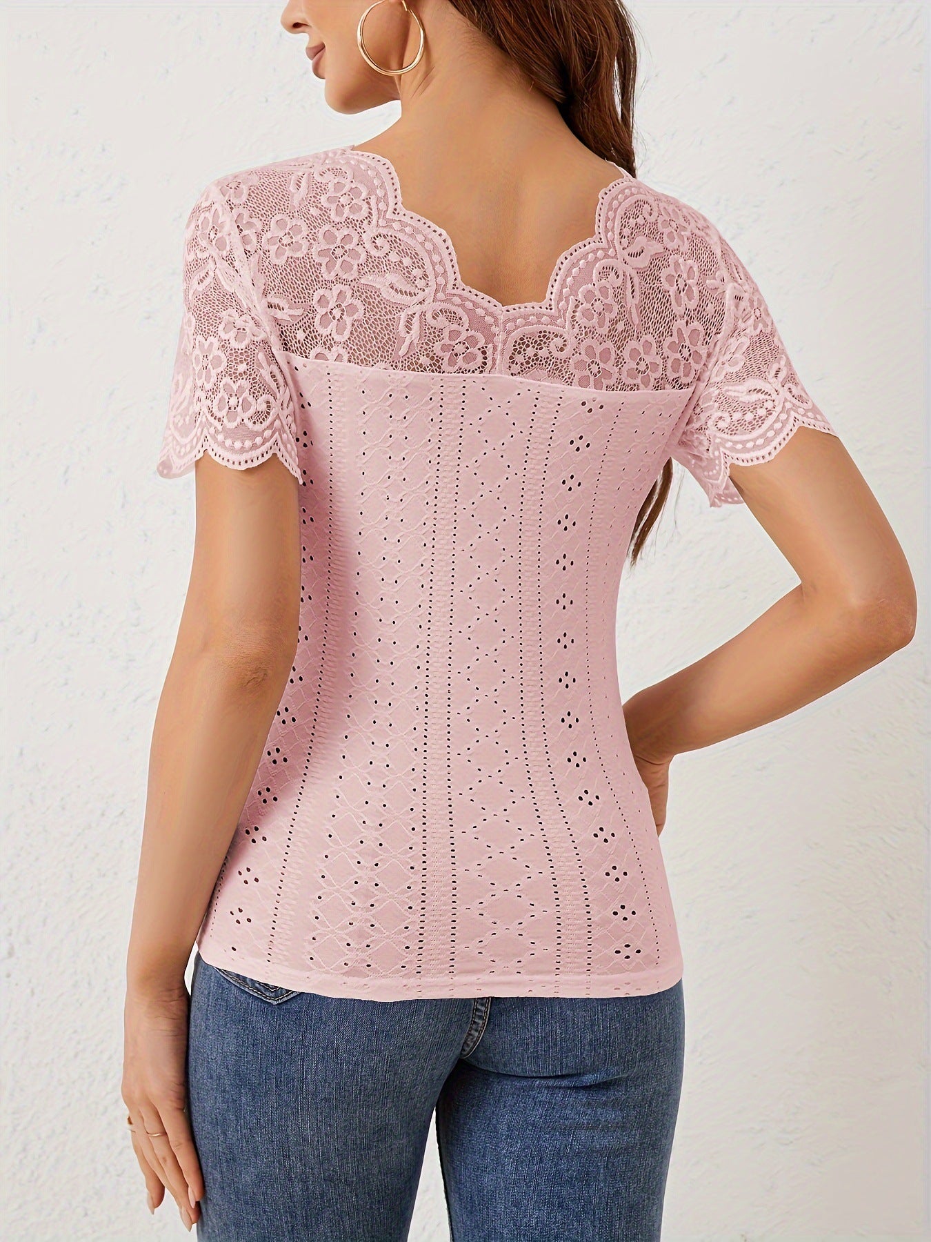 Lace Patchwork Slim Fit V-Neck Short Sleeve Top