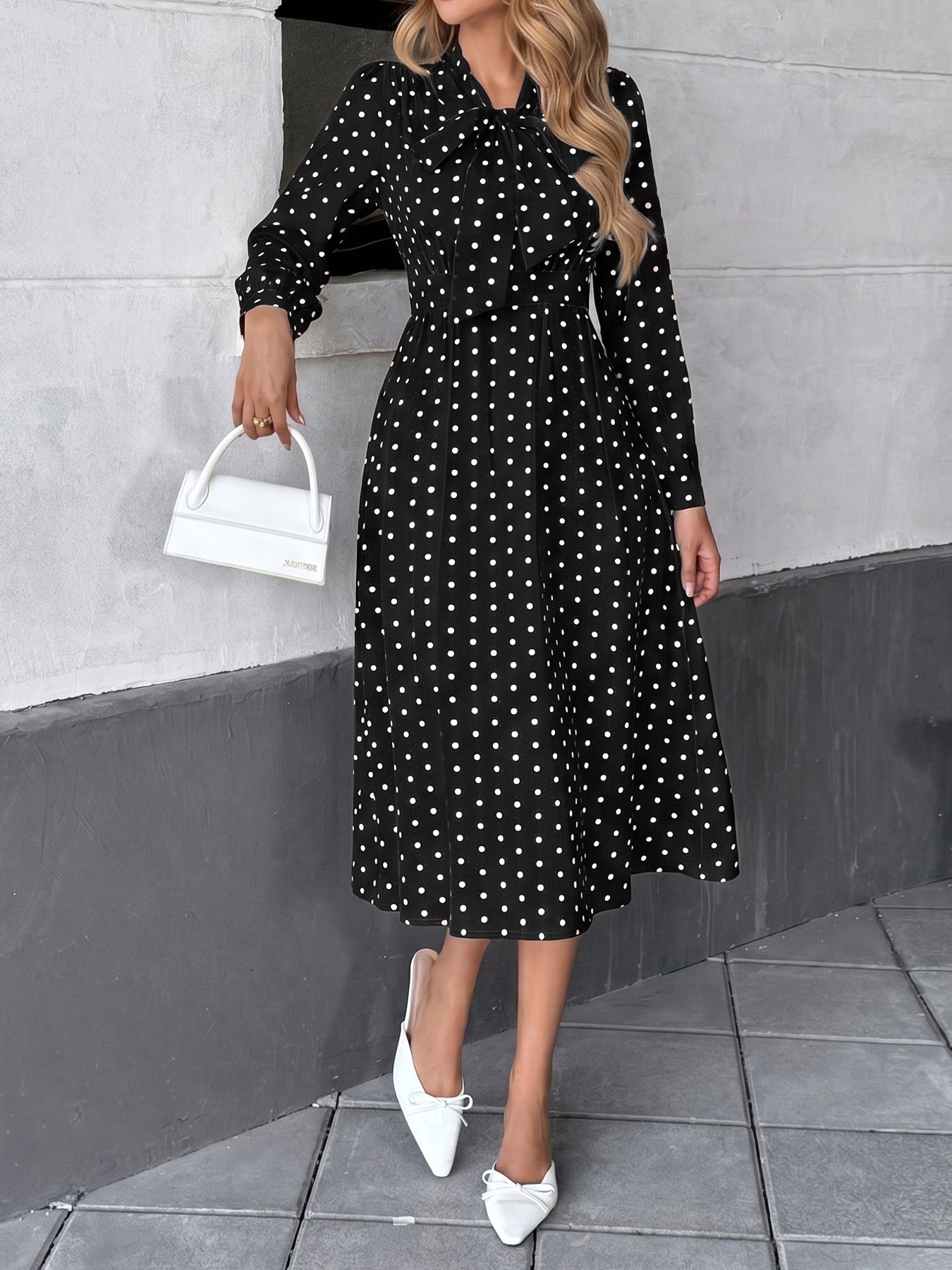 Polka Dot Bow Tie Long Sleeve A-Line Midi Dress