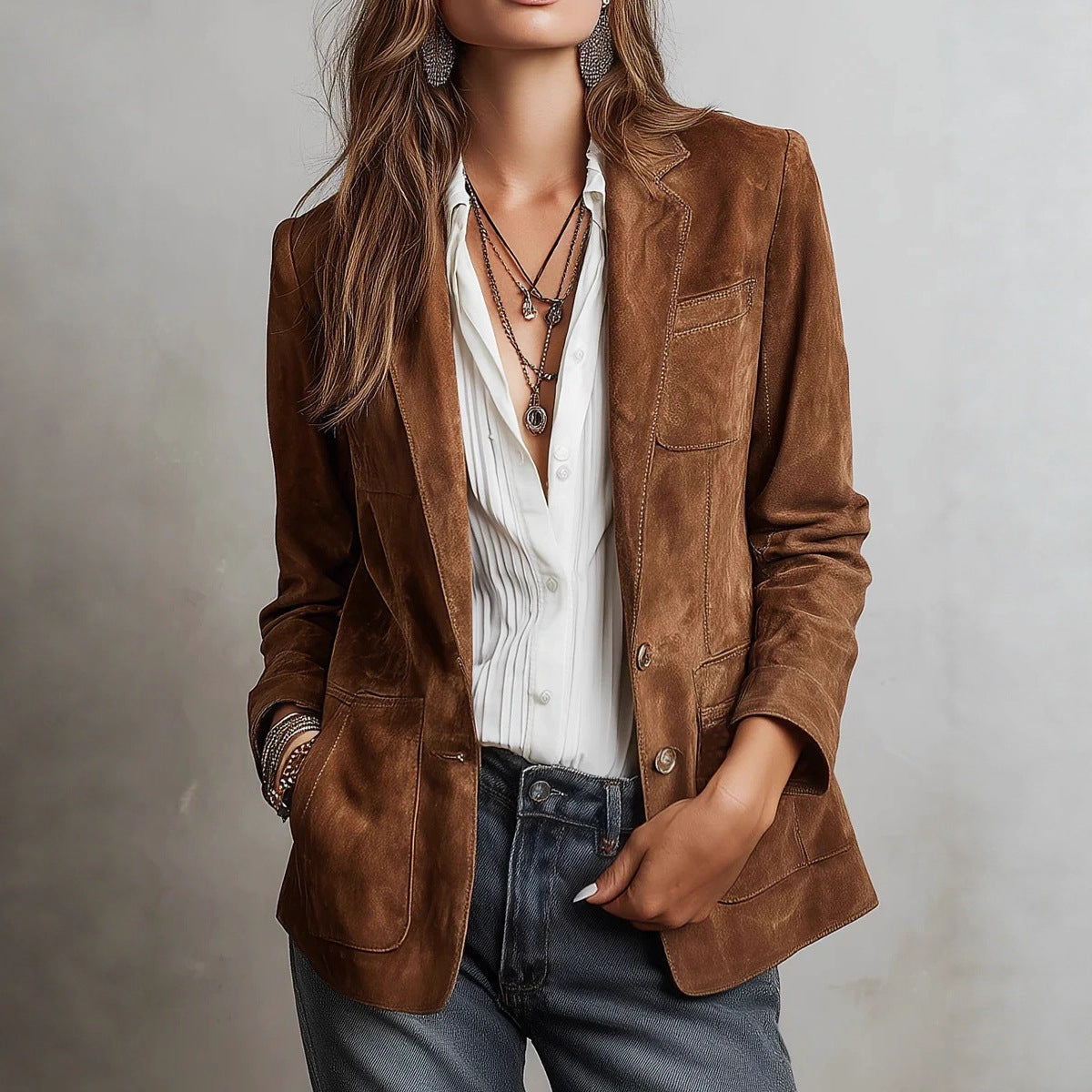 Women's Vintage Faux Suede Blazer Oversized Jacket