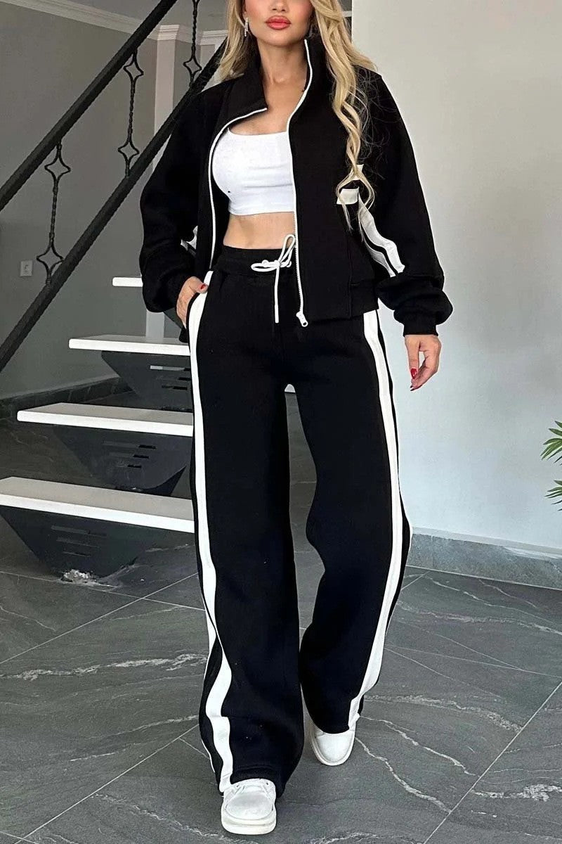 Women's Y2K Striped Zip Tracksuit Set Wide Leg Pants
