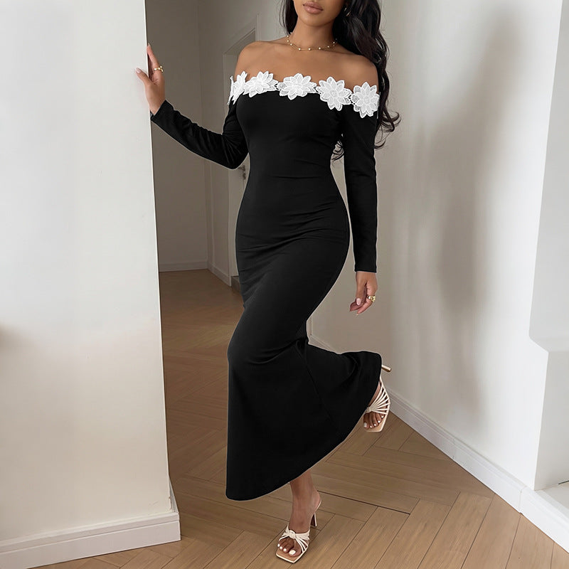 Off Shoulder Flower Applique Bodycon Maxi Dress