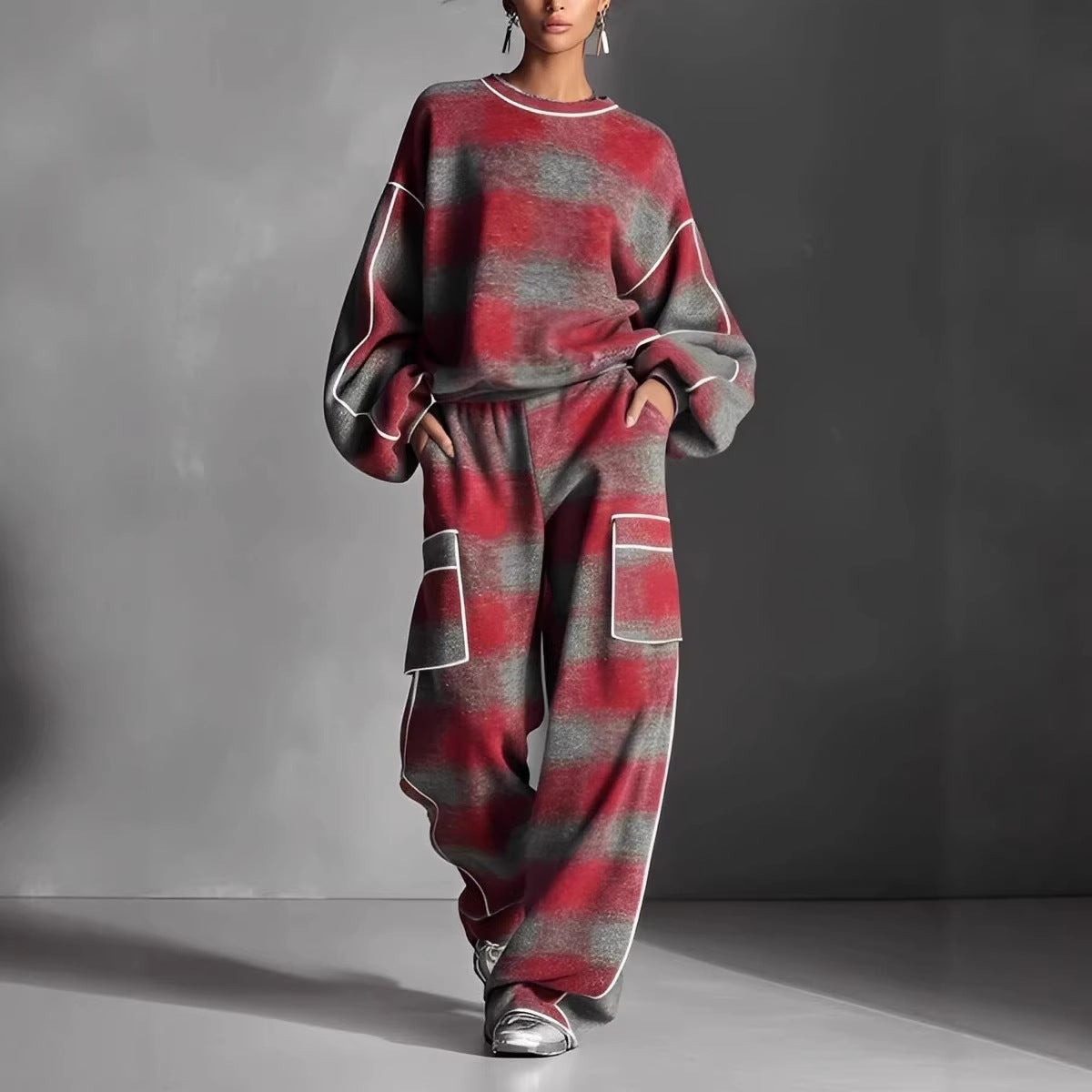 Women's Plaid Piping Oversized Sweatshirt & Pants Set