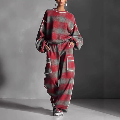 Women's Plaid Piping Oversized Sweatshirt & Pants Set