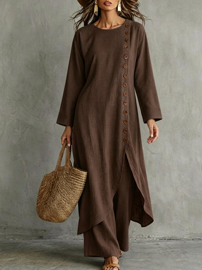 Linen Button Front Tunic Wide Leg Pants Two Piece Set