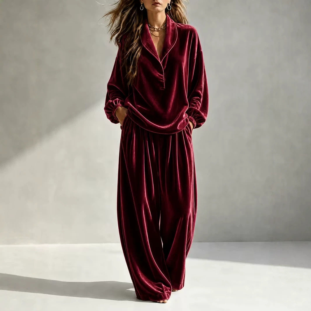 Women's Velvet Collared Lounge Set Wide Leg Pants