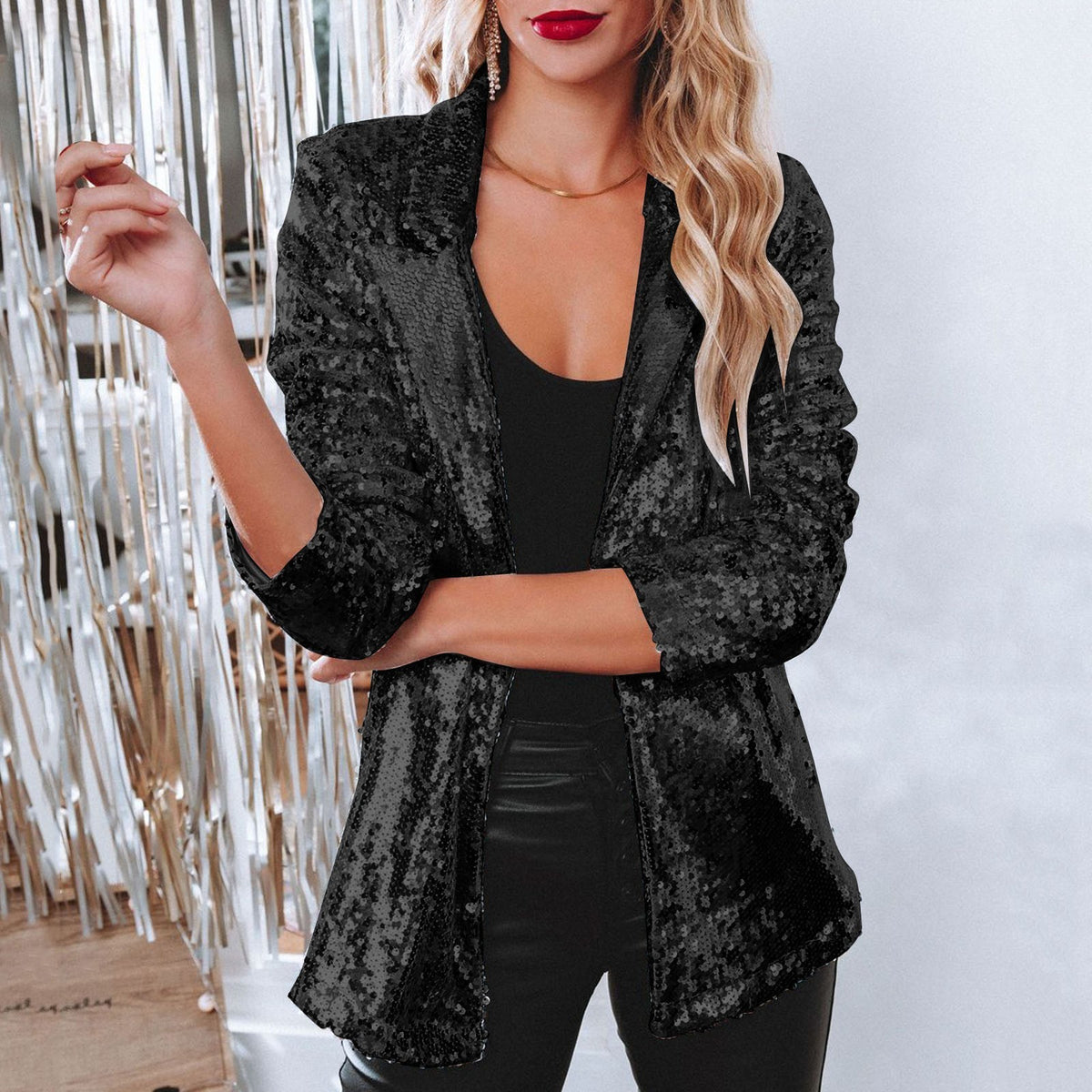 Women's Sequin Blazer Sparkle Long Sleeve Open Front