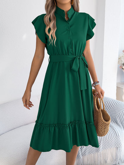 Tie Waist Ruffle Hem Midi Shirt Dress for Women