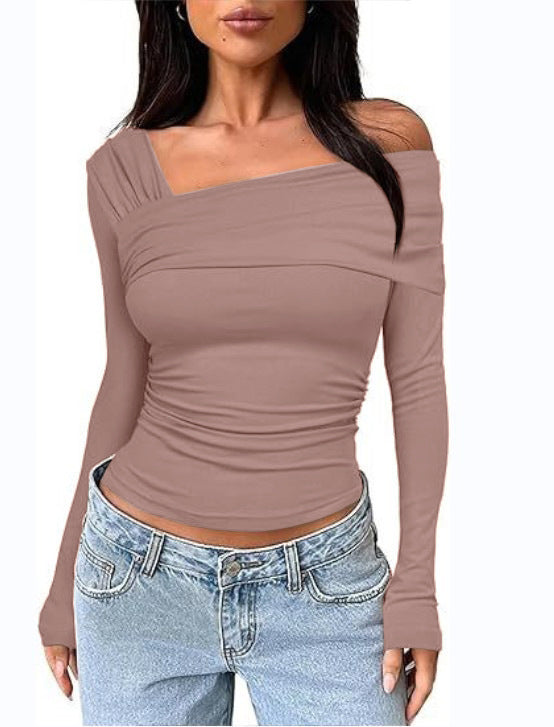 Women's Y2K One Shoulder Ruched Long Sleeve Crop Top