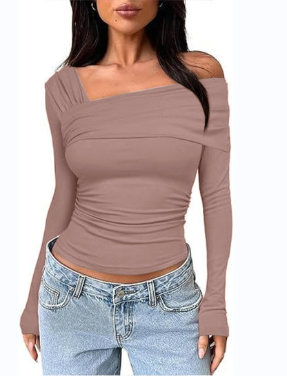 Women's Y2K One Shoulder Ruched Long Sleeve Crop Top