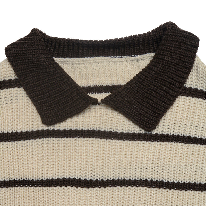 Striped Polo Sweater Contrast Trim Relaxed Fit
