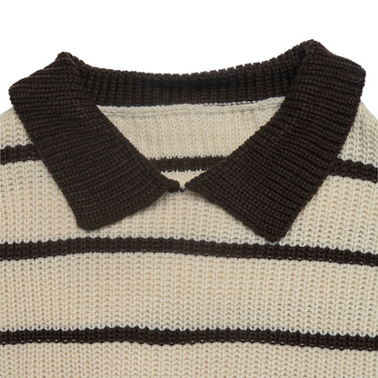 Striped Polo Sweater Contrast Trim Relaxed Fit