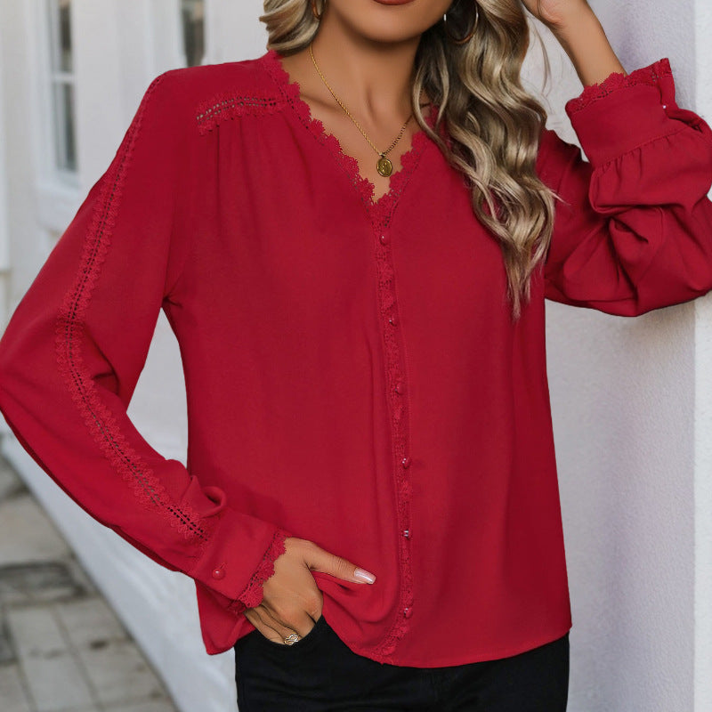 Autumn Casual Long Sleeve Red Blouse