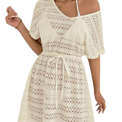Sheer Lace Drawstring Beach Cover Up with Bow Tie Waist