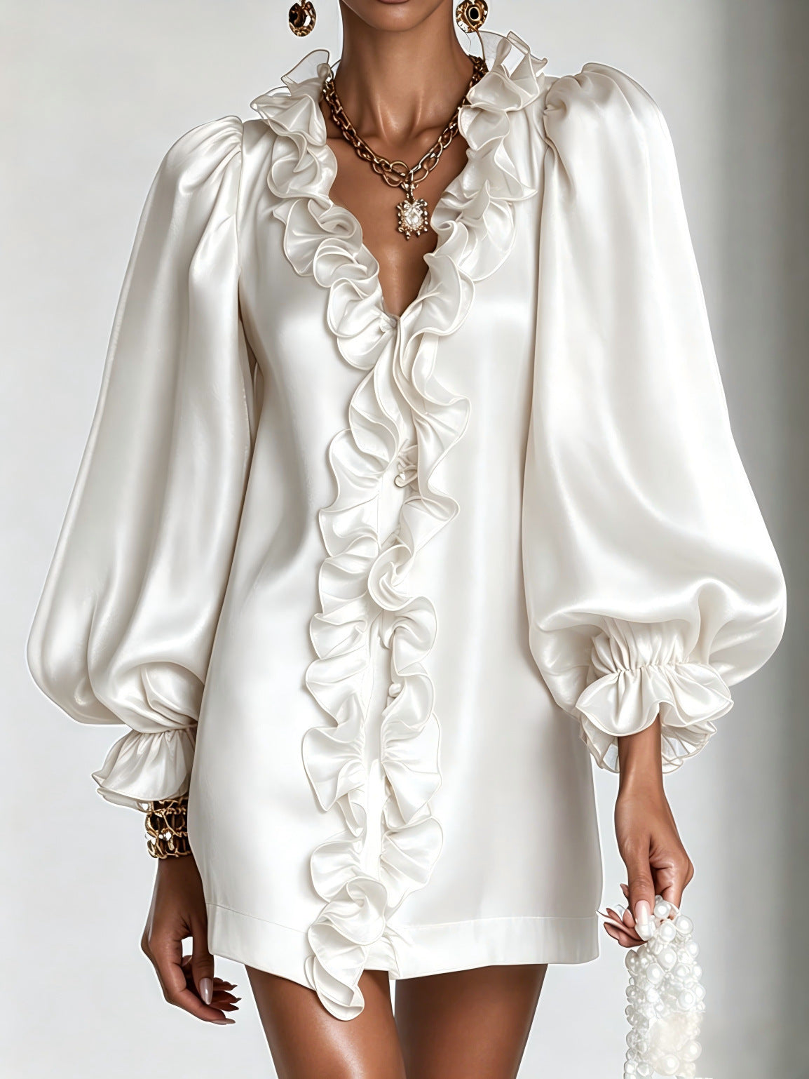 Women's Puff Sleeve Ruffle Deep V-Neck Mini Dress