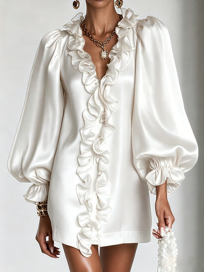 Women's Puff Sleeve Ruffle Deep V-Neck Mini Dress