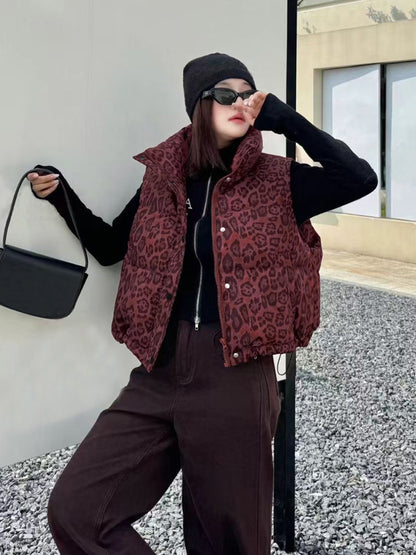 Women's Leopard Print Cropped Puffer Vest Streetwear