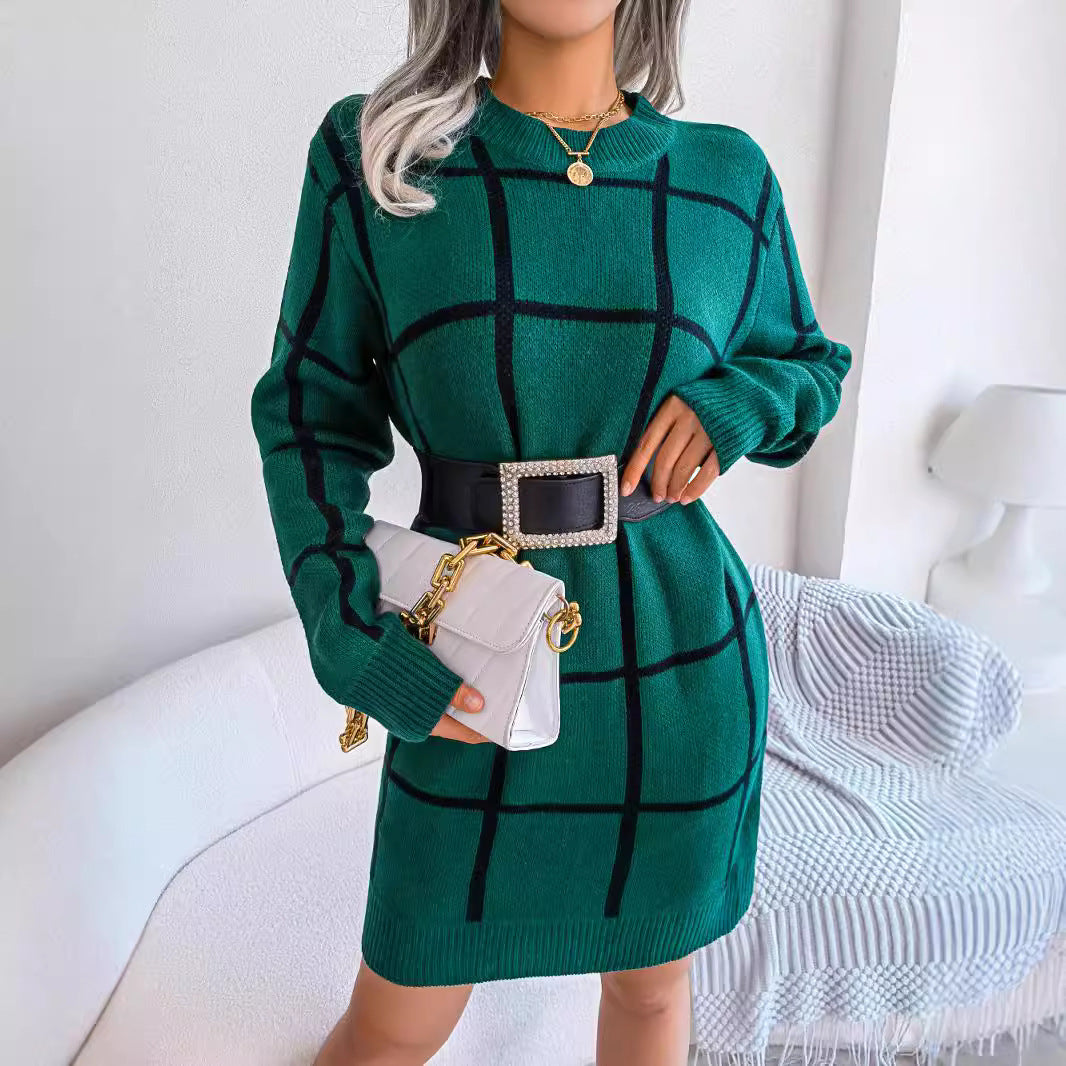 Women's Plaid Knit Sweater Dress Long Sleeve Crew Neck Mini