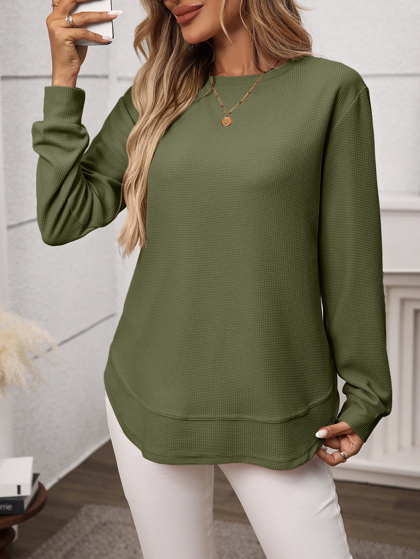 Solid waffle knit tunic top layered curved hem