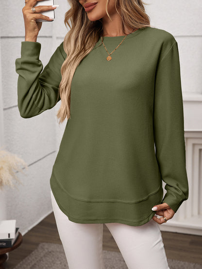 Solid waffle knit tunic top layered curved hem