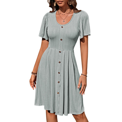 Round Neck Button Elastic Waist Casual Dress