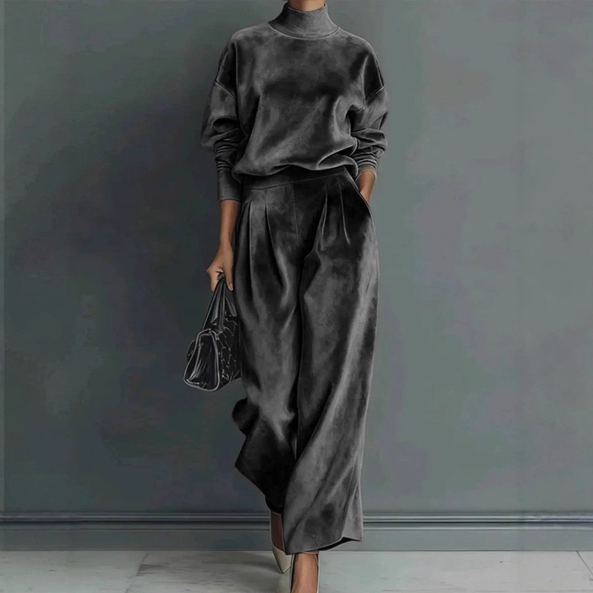 Women's Velvet Matching Set Mock Neck Wide Leg Pants