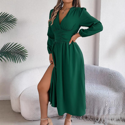 Solid Color V Neck Long Sleeve Slit Maxi Dress
