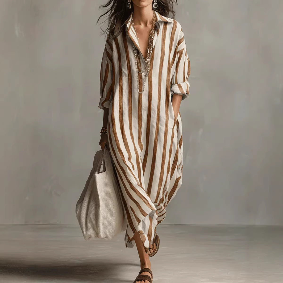Oversized Striped Maxi Shirt Dress V-Neck 3/4 Sleeve