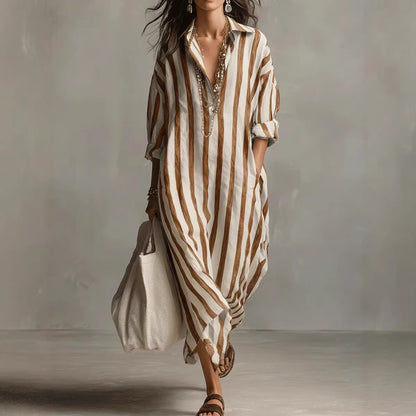 Oversized Striped Maxi Shirt Dress V-Neck 3/4 Sleeve