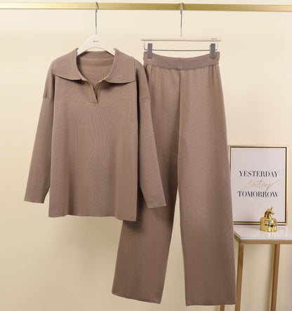 Women's Two Piece Knit Polo Sweater Wide Leg Pants Set
