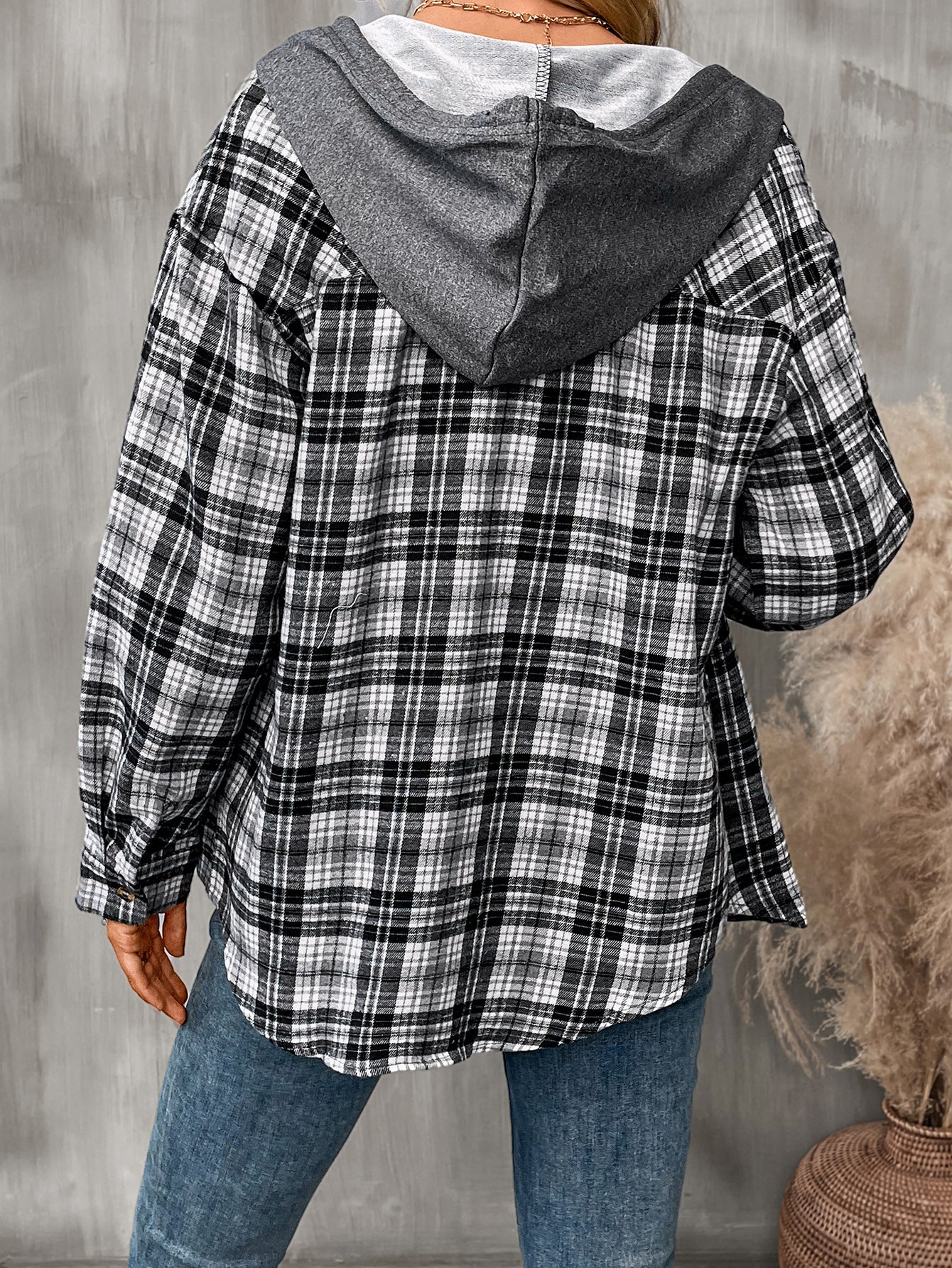 Plaid hooded button down shirt oversized fit